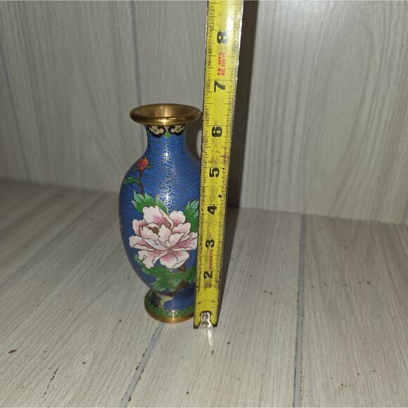 Vtg Floral Cloisonne Vase Chinese Brass Enamel Blue Victorian Hollywood Regency - Picture 3 of 9